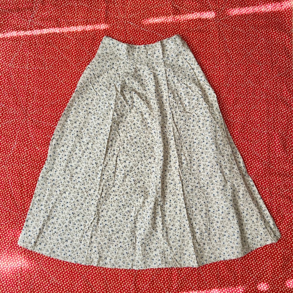 Vintage 70s Floral Midi Skirt Cream Blue Twee Coquette A-Line High Waist